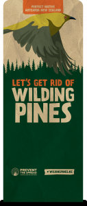 Image of banner with Bellbird - let's get rid of wilding pines
