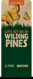 Image of banner with Copper Butterfly - let's get rid of wilding pines