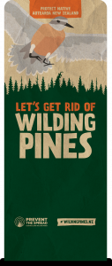 Image of banner with dotterel - let's get rid of wilding pines