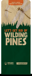 Image of banner with dragonfly - let's get rid of wilding pines