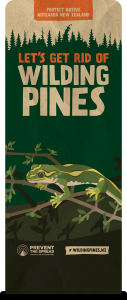 Image of banner with jewelled gecko - let's get rid of wilding pines