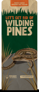 Image of banner with McCann's Skink - let's get rid of wilding pines
