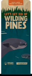 Image of banner with short finned eel - let's get rid of wilding pines