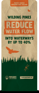 Reverse of short finned eel banner with statement - wilding pines reduce water flow into waterways by up to 40%