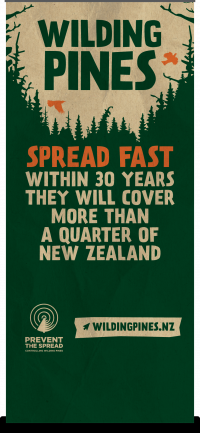 Image of banner with the following statement - Wilding pines spread fast. Within 30 years they will cover more than a quarter of New Zealand