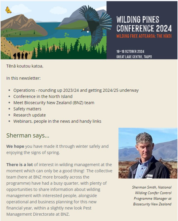 Click this image to read the Winter/Spring 2024 Update from the National Wilding Conifer Control Programme