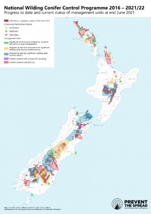 This map depicts areas that the National Wilding Conifer Control Programme works in. It is dated 2016-2021 and has diffferent colours to show the different stages the areas the Programme is in